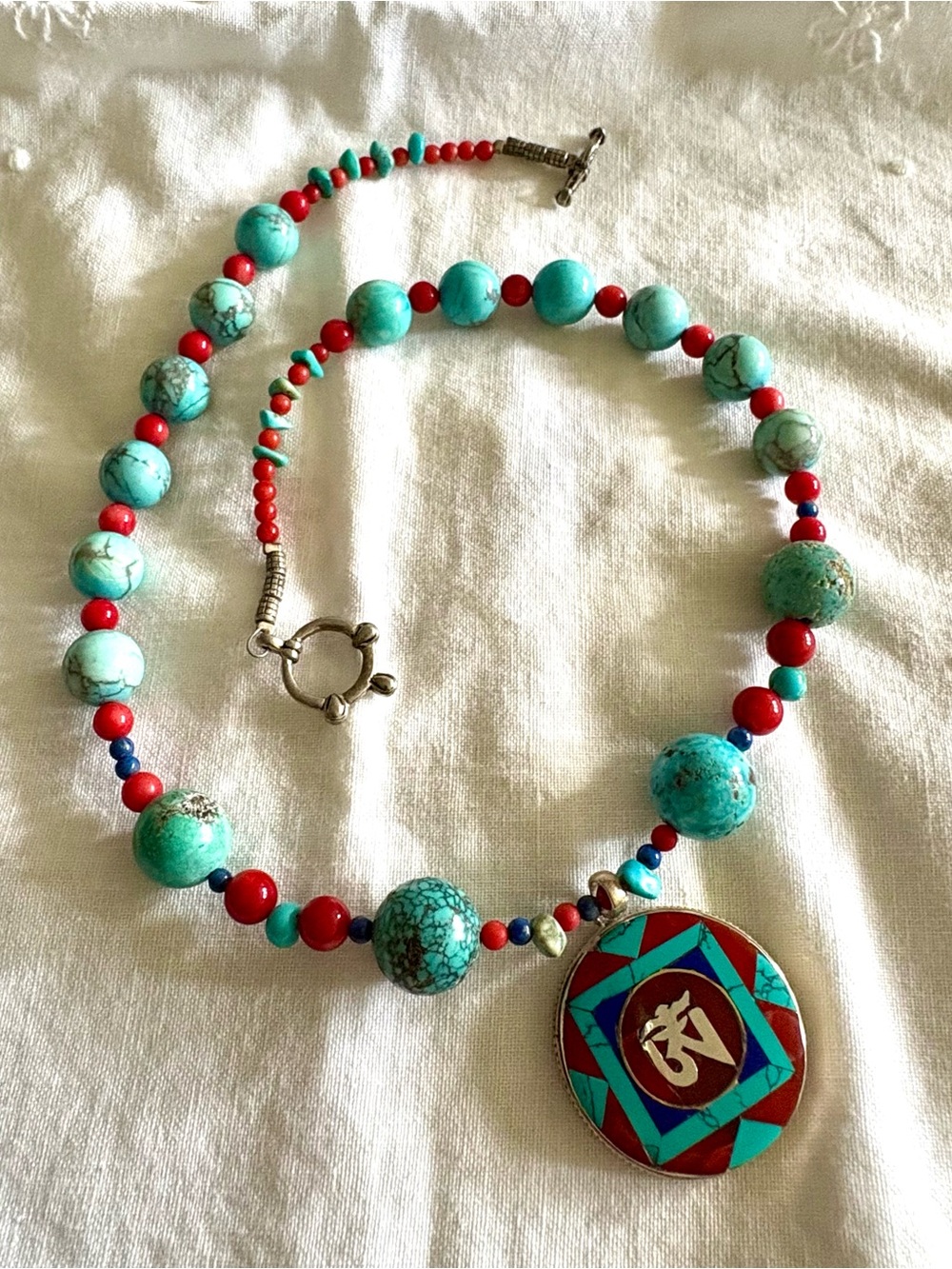 Tibetan Om Turquoise & Red Inlay Pendant Necklace
